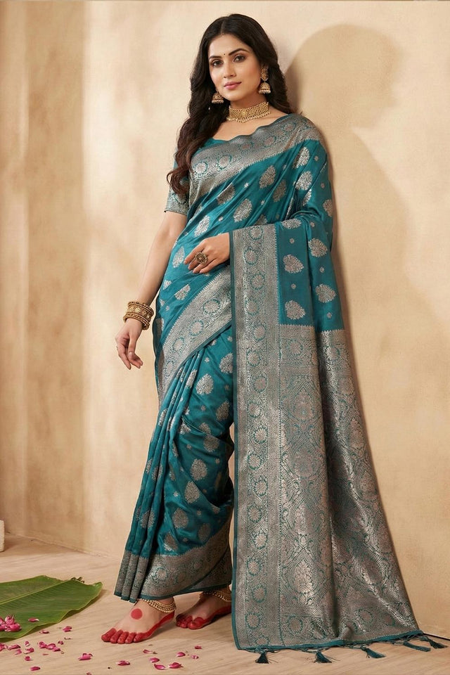 Sea Green Woven Silk Blend Saree (ACA5863)