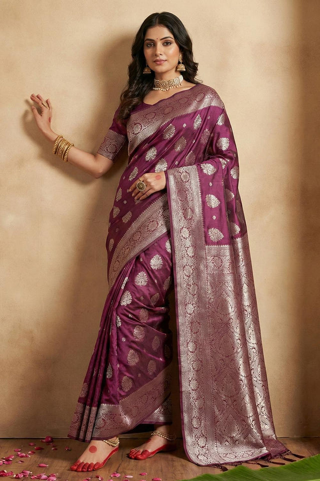 Violet Woven Silk Blend Saree (ACA5864)
