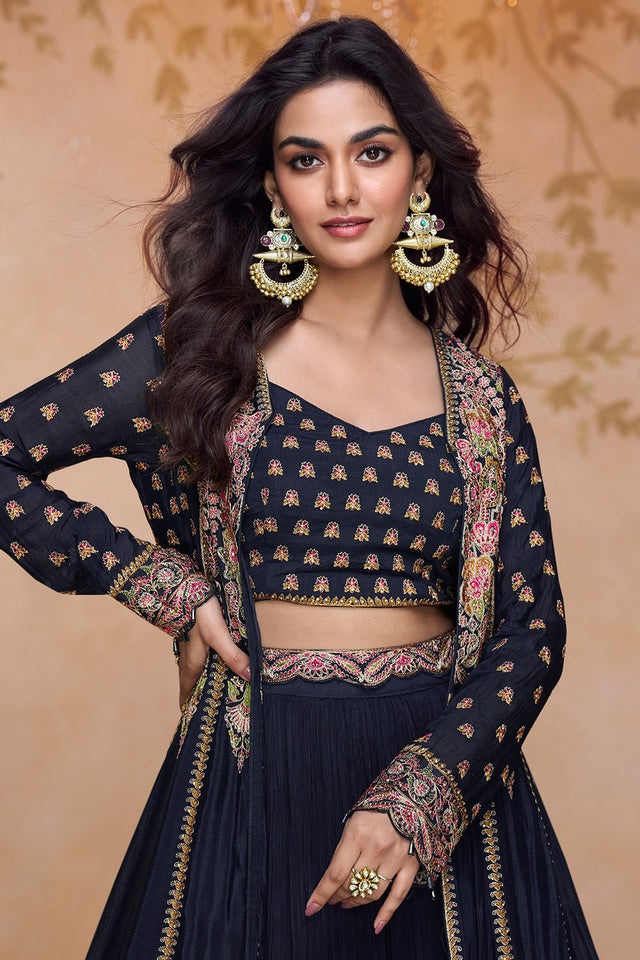 Free Size Stitched Blue Floral Embroidered Chinon Co-Ord Set (ACA5865)