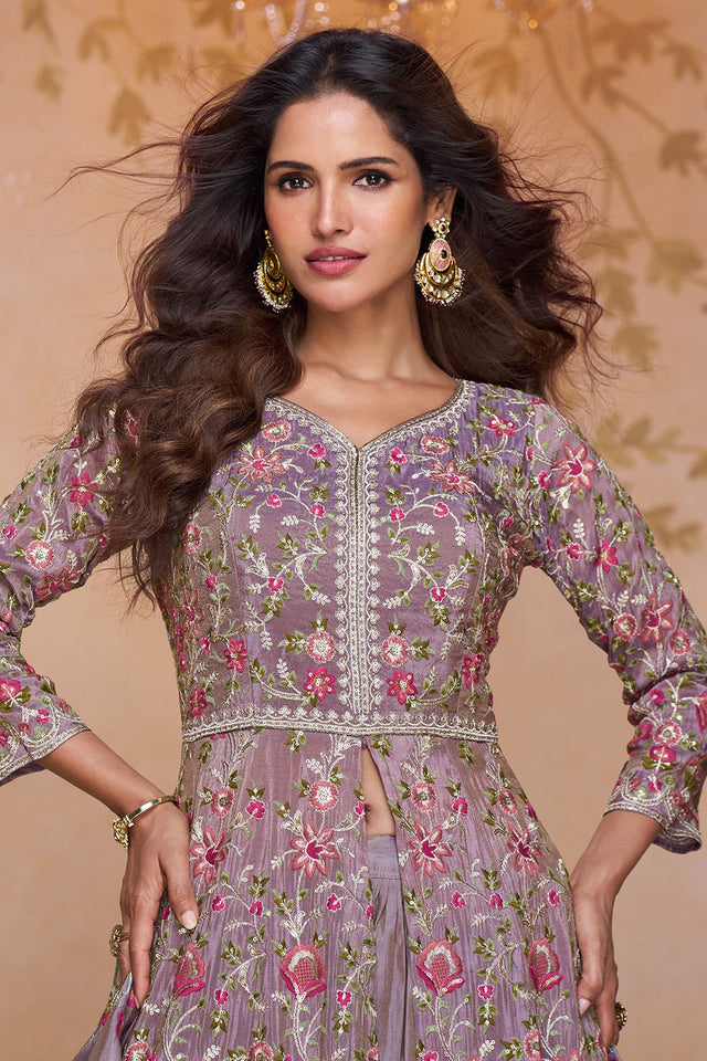 Free Size Stitched Lavender Floral Embroidered Silk Co-Ord Set (ACA5867)