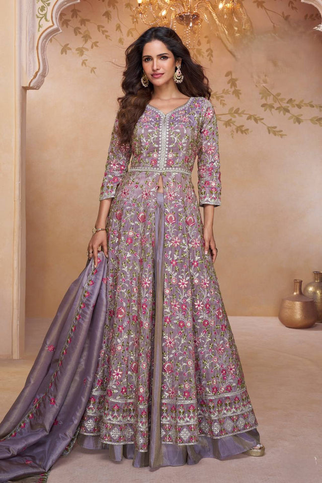Free Size Stitched Lavender Floral Embroidered Silk Co-Ord Set (ACA5867)