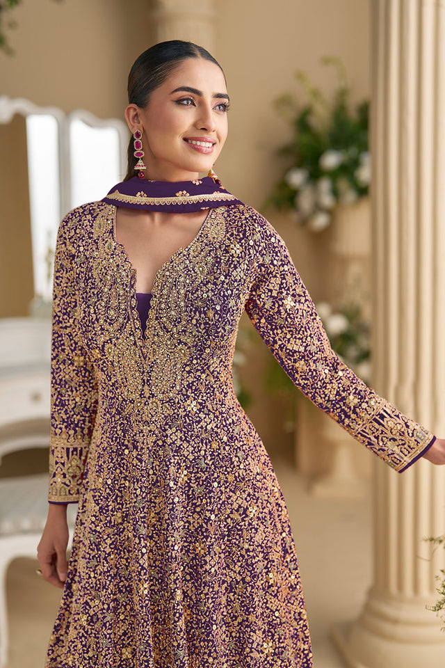 Purple Sequin with Embroidered Georgette Gown (ACA5870)