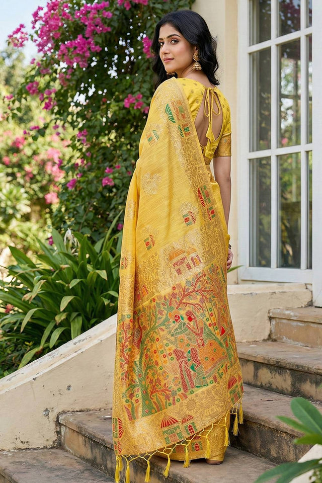 Yellow Woven Linen Saree (ACA5871)
