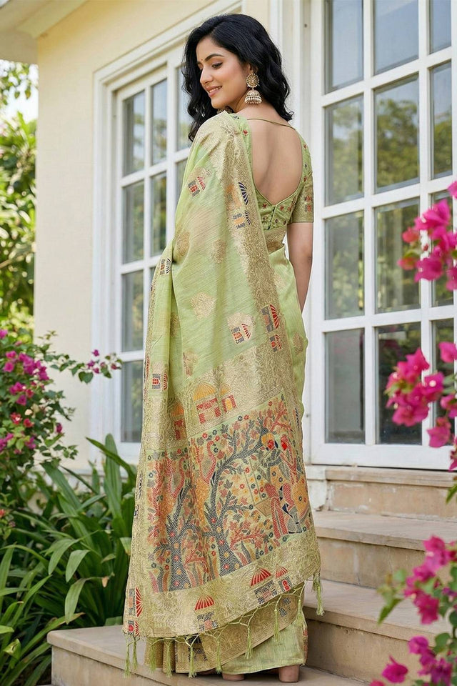Green Woven Linen Saree (ACA5873)