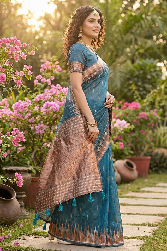 Blue Woven Linen Saree (ACA5876)