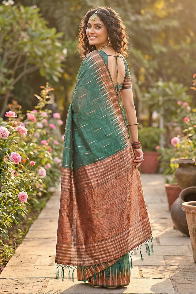 Green Woven Linen Saree (ACA5880)