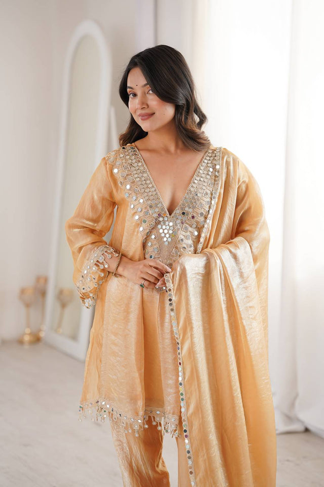 Brown Mirror Sequin Silk Kurti Pant Set (ACA5882)