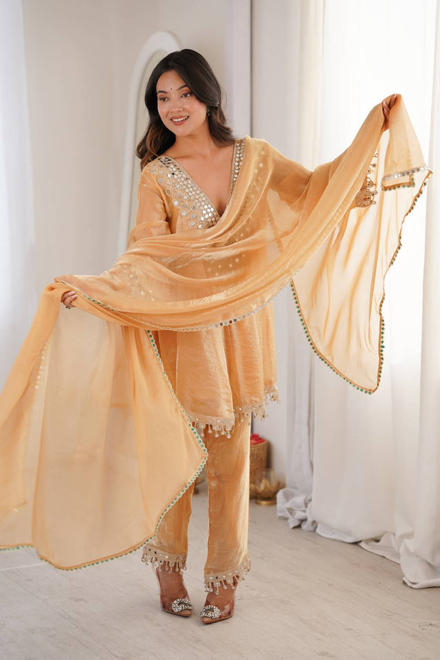 Brown Mirror Sequin Silk Kurti Pant Set (ACA5882)