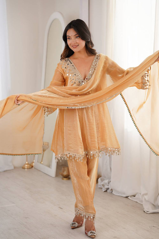 Brown Mirror Sequin Silk Kurti Pant Set (ACA5882)