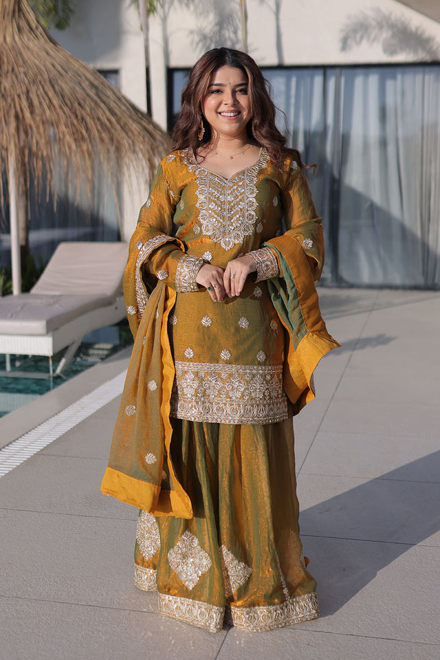 Gold Sequin with Embroidered Chiffon Sharara Suits (ACA5884)