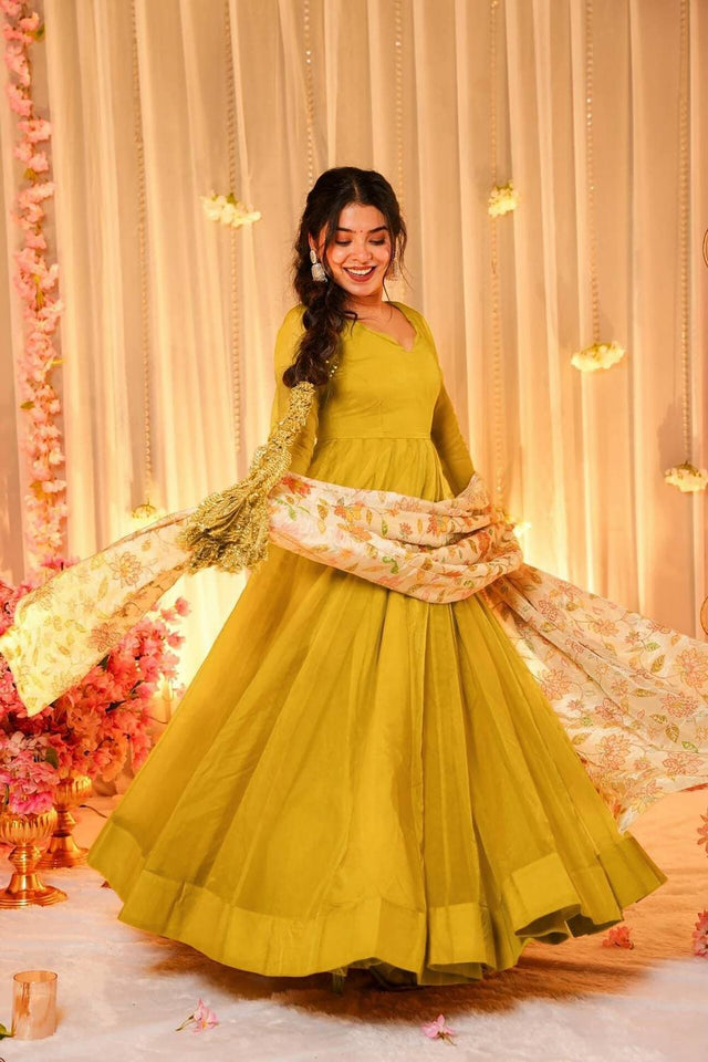 Mustard Solid Soft Silk Gown (ACA5885)