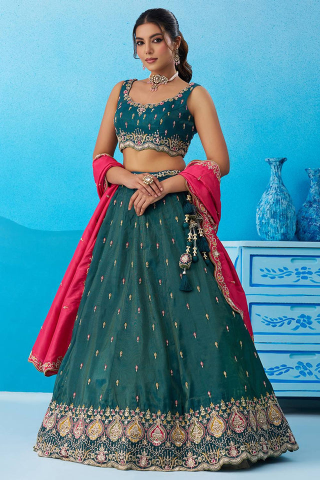 Turquoise Floral Embroidered Silk Lehenga (ACA5924)
