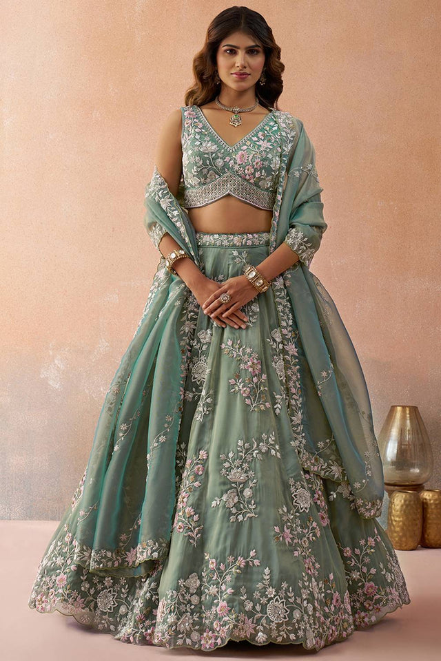 Green Floral Embroidered Tissue Lehenga (ACA5928)
