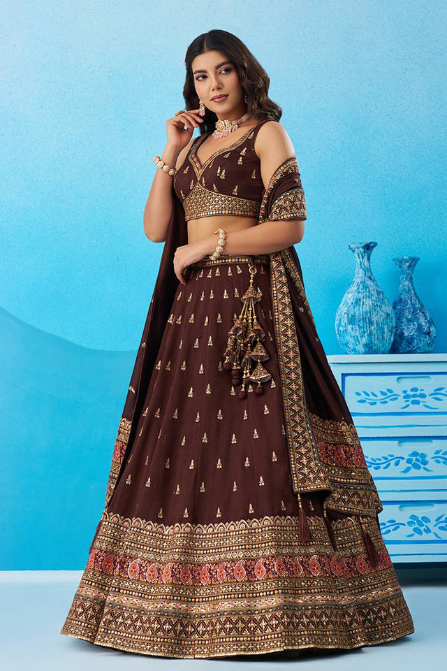 Brown Embroidered Chinon Lehenga (ACA5929)