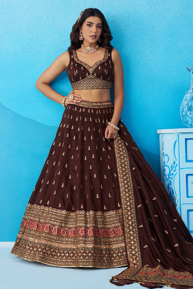 Brown Embroidered Chinon Lehenga (ACA5929)