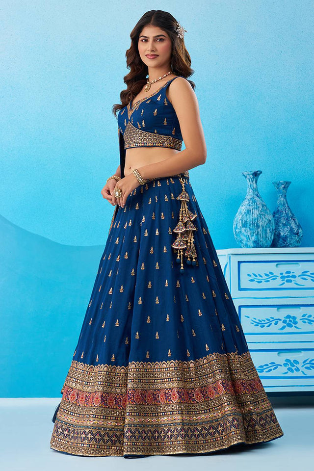 Turquoise Embroidered Chinon Lehenga (ACA5930)