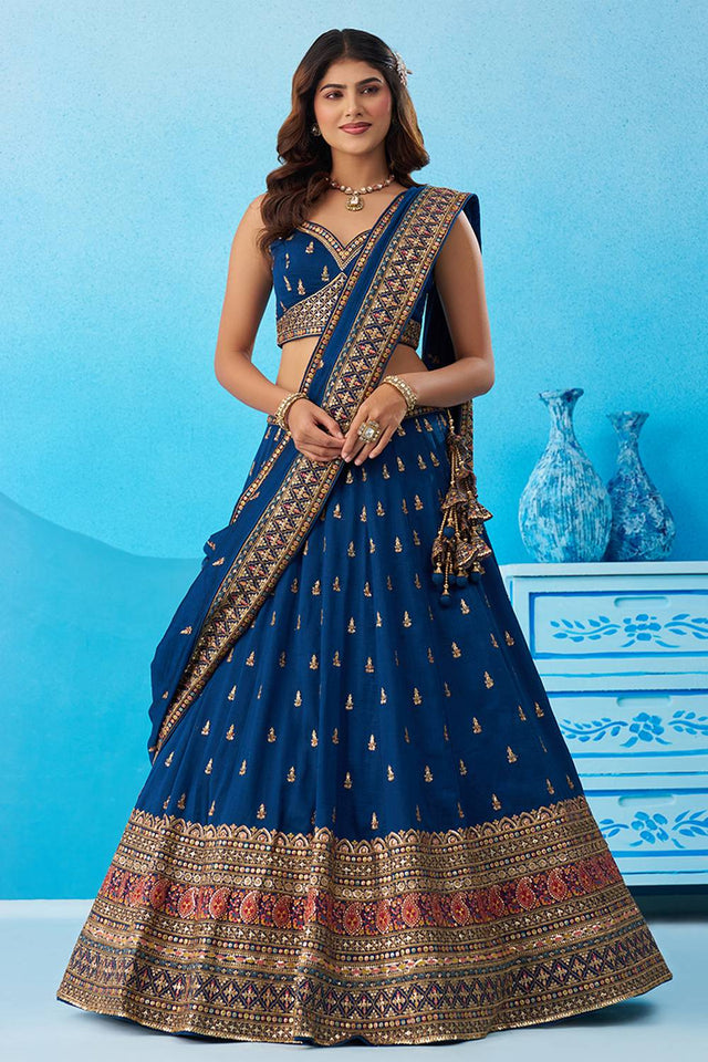 Turquoise Embroidered Chinon Lehenga (ACA5930)