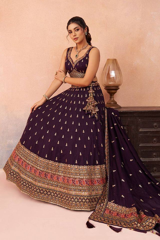 Violet Embroidered Chinon Lehenga (ACA5931)