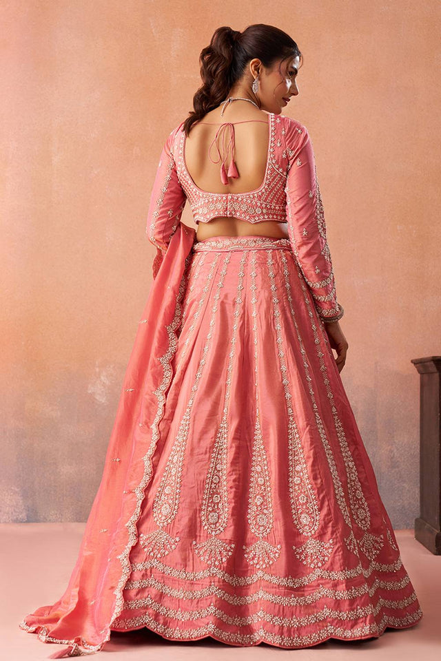 Peach Floral Embroidered Tissue Lehenga (ACA5933)