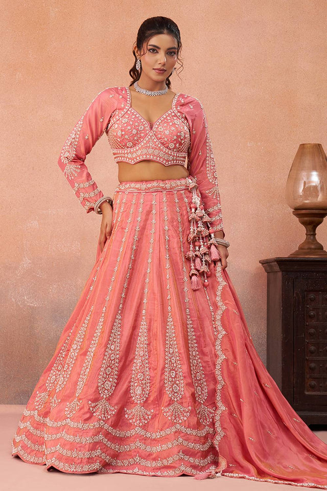 Peach Floral Embroidered Tissue Lehenga (ACA5933)