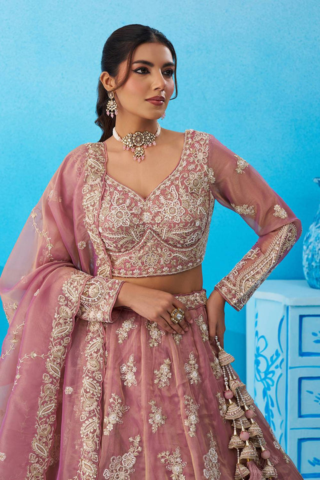 Pink Floral Embroidered Tissue Lehenga (ACA5934)