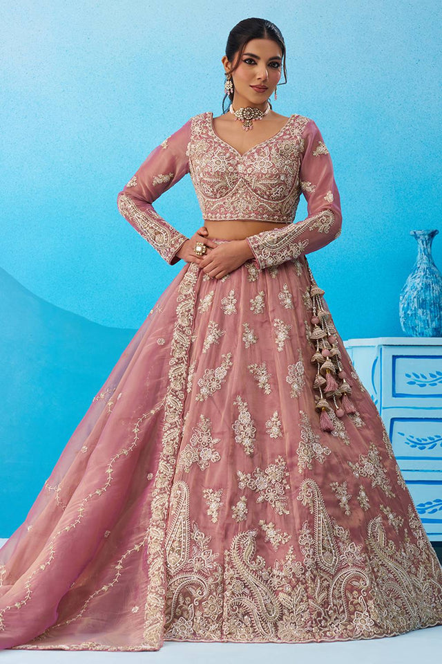 Pink Floral Embroidered Tissue Lehenga (ACA5934)