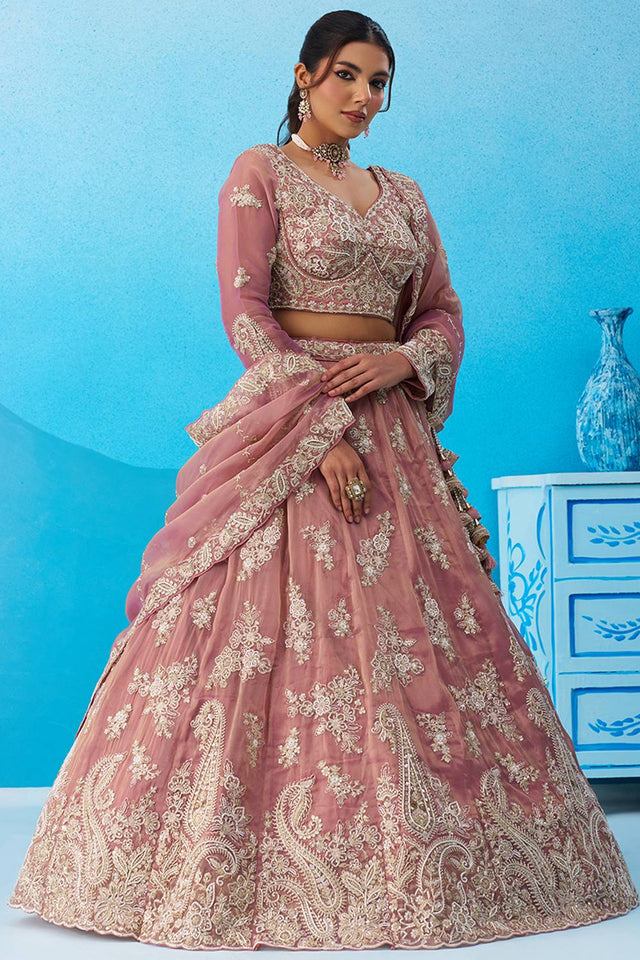Pink Floral Embroidered Tissue Lehenga (ACA5934)