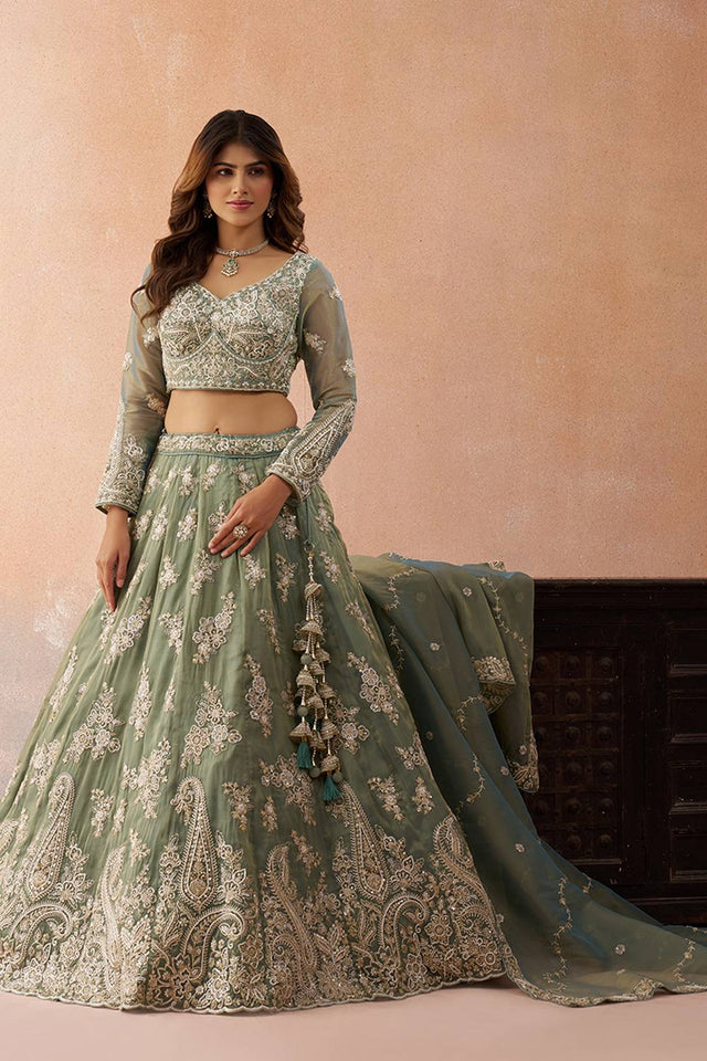 Green Floral Embroidered Tissue Lehenga (ACA5935)