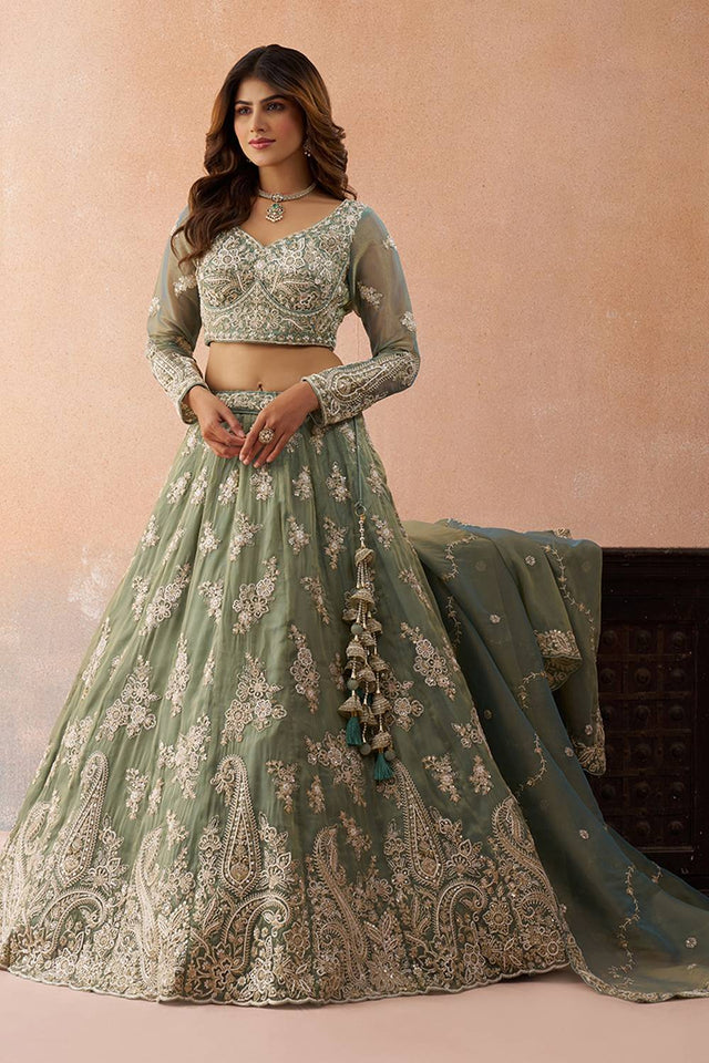 Green Floral Embroidered Tissue Lehenga (ACA5935)