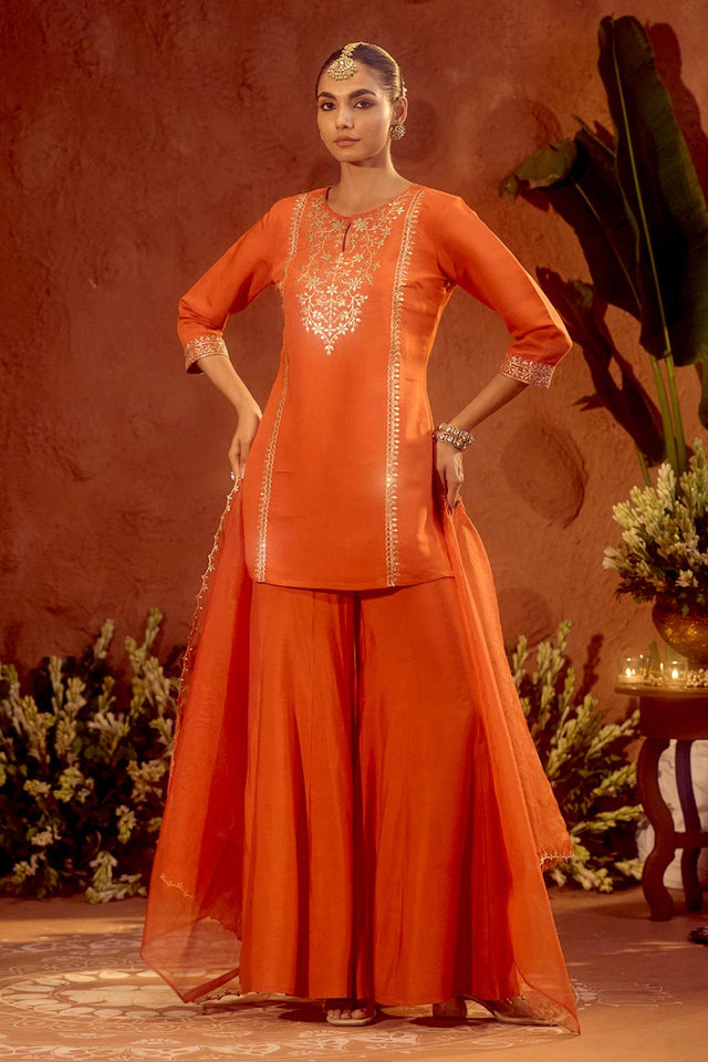 Orange Sequin with Floral Embroidered Chanderi Palazzo Suits (ACA5937)