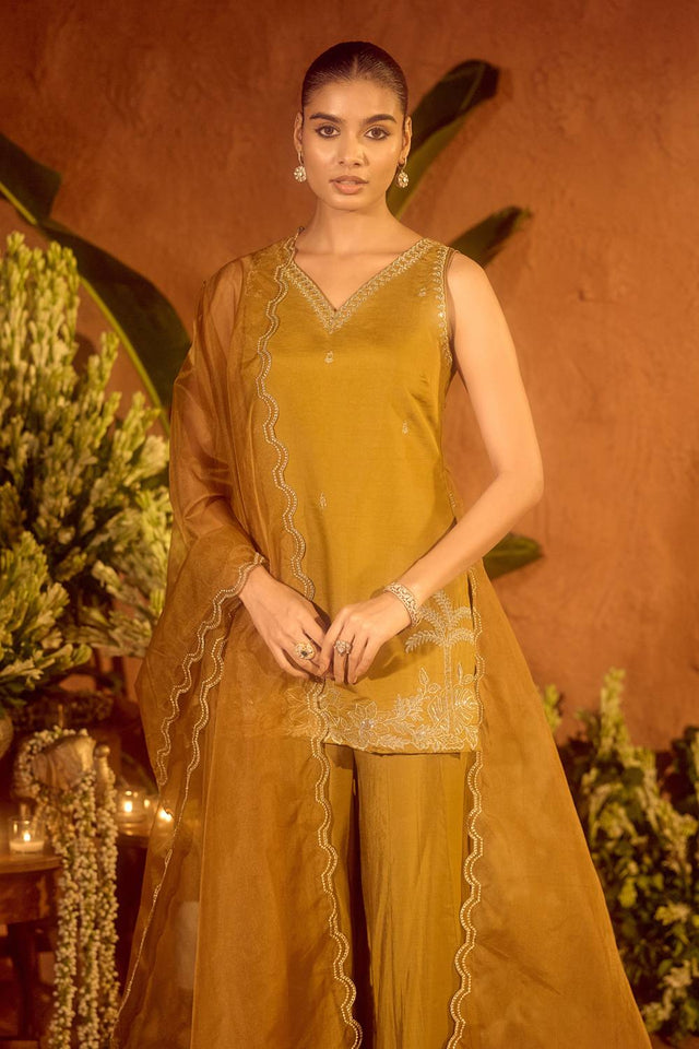Mustard Embroidered Chanderi Sharara Suits (ACA5940)