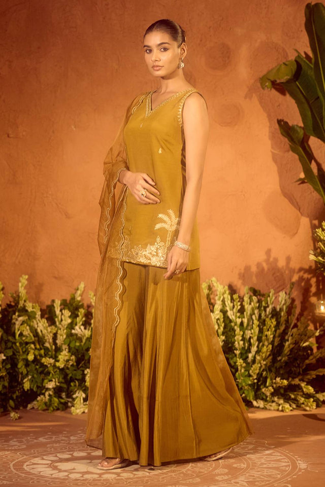 Mustard Embroidered Chanderi Sharara Suits (ACA5940)