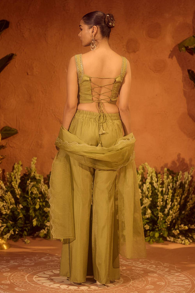 Olive Green Floral Embroidered Chanderi Palazzo Suits (ACA5941)
