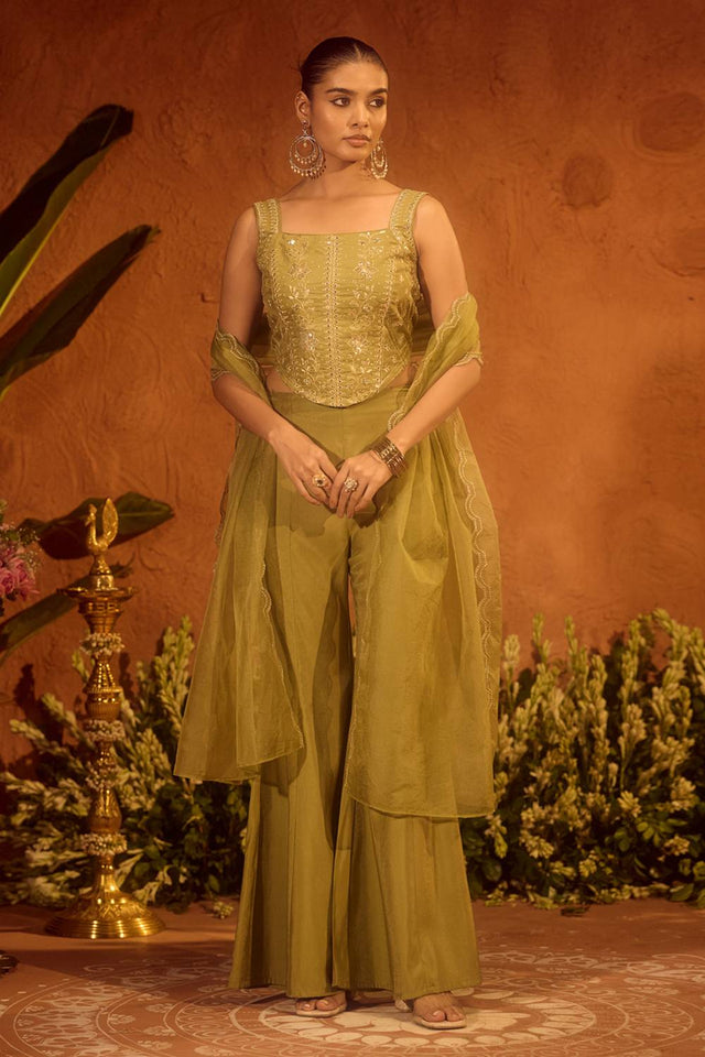 Olive Green Floral Embroidered Chanderi Palazzo Suits (ACA5941)