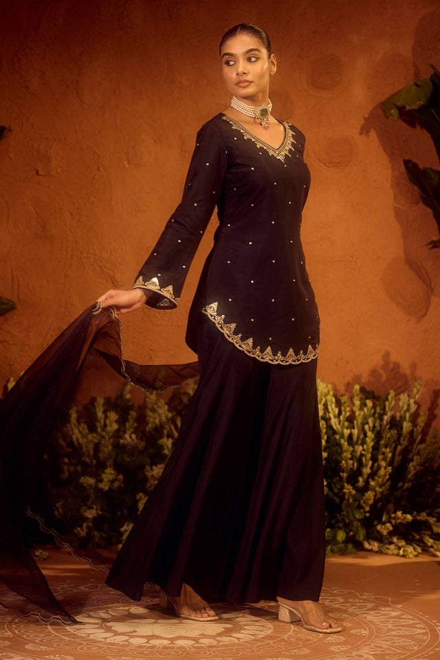 Black Sequin with Embroidered Chanderi Palazzo Suits (ACA5942)