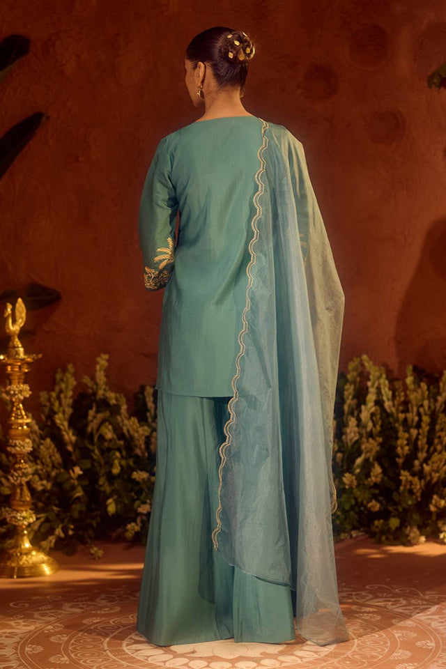 Sea Green Embroidered Chanderi Sharara Suits