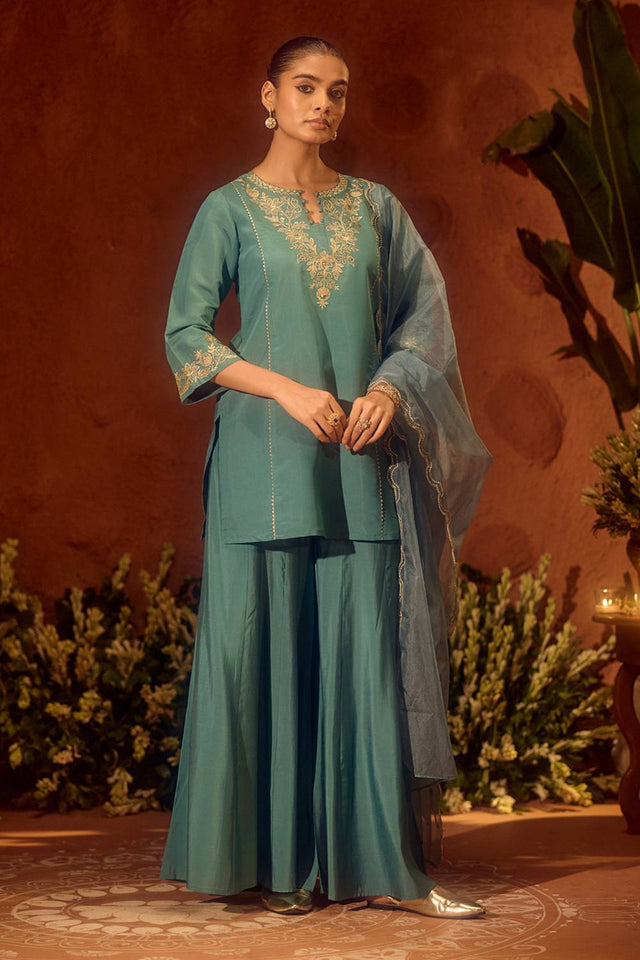 Sea Green Embroidered Chanderi Sharara Suits