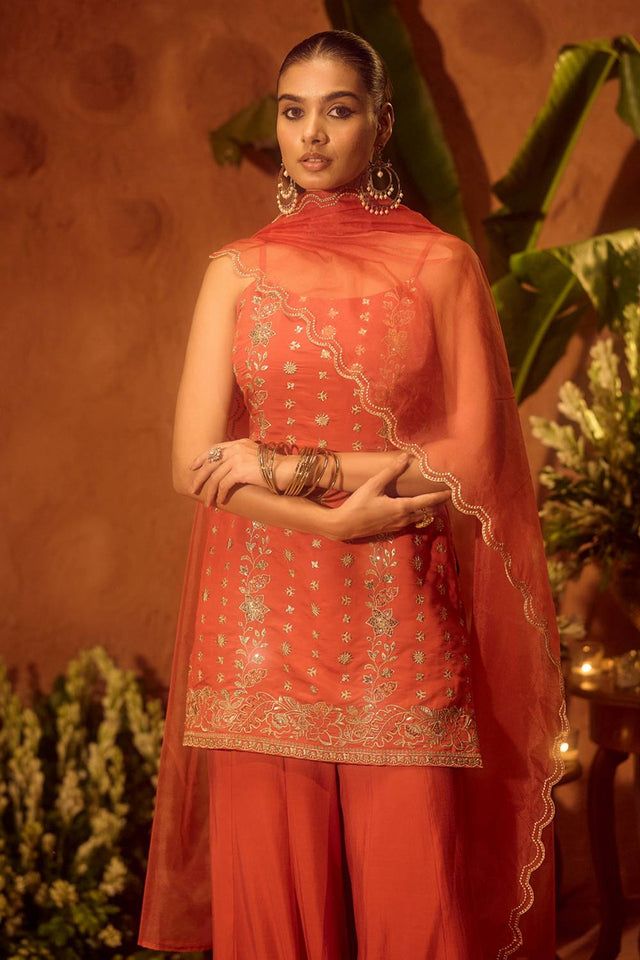Orange Floral Embroidered Chanderi Sharara Suits