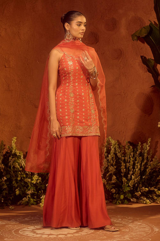 Orange Floral Embroidered Chanderi Sharara Suits