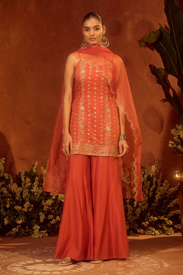 Orange Floral Embroidered Chanderi Sharara Suits