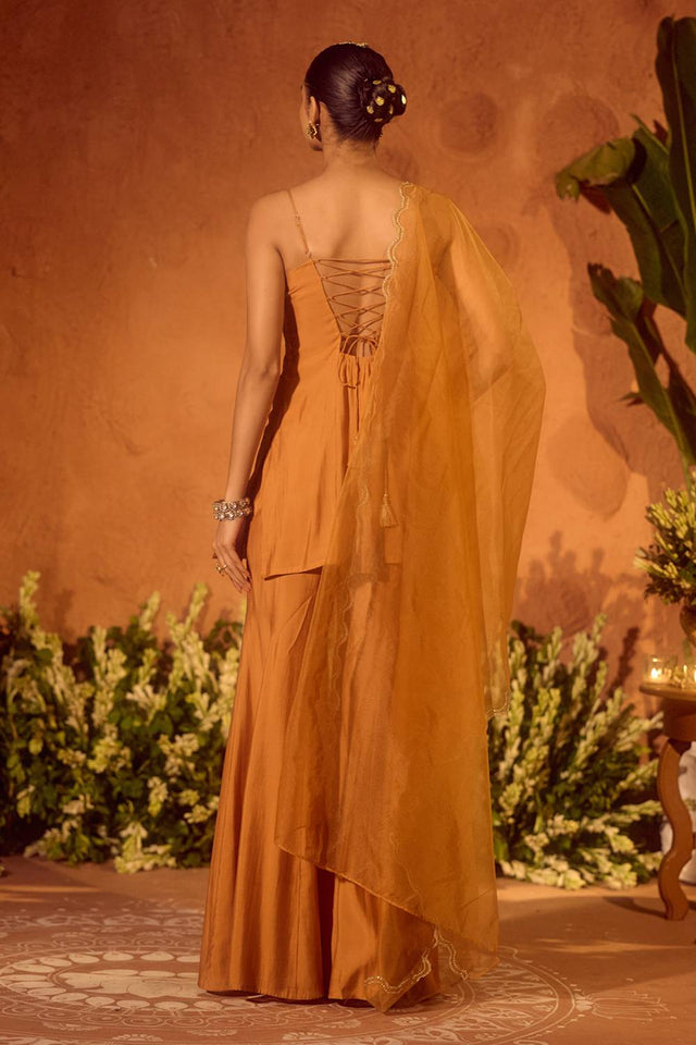 Mustard Floral Embroidered Chanderi Sharara Suits