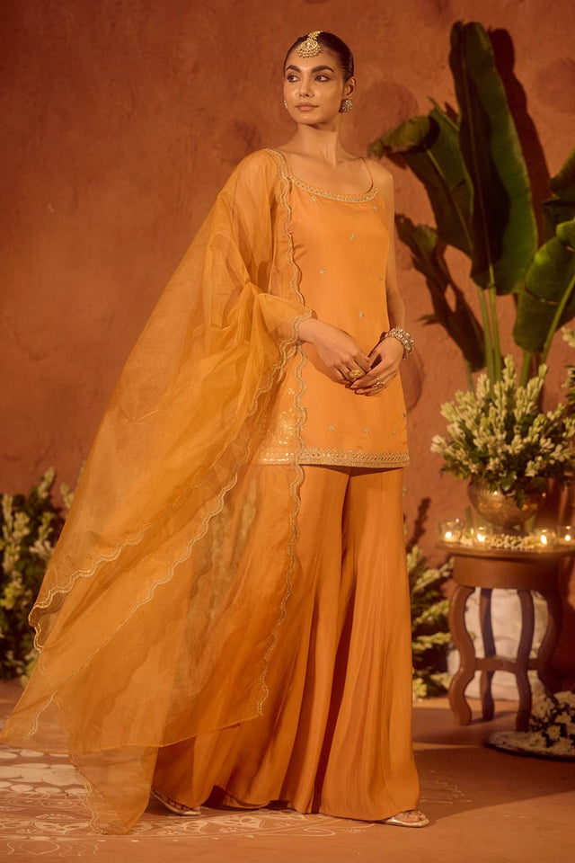 Mustard Floral Embroidered Chanderi Sharara Suits