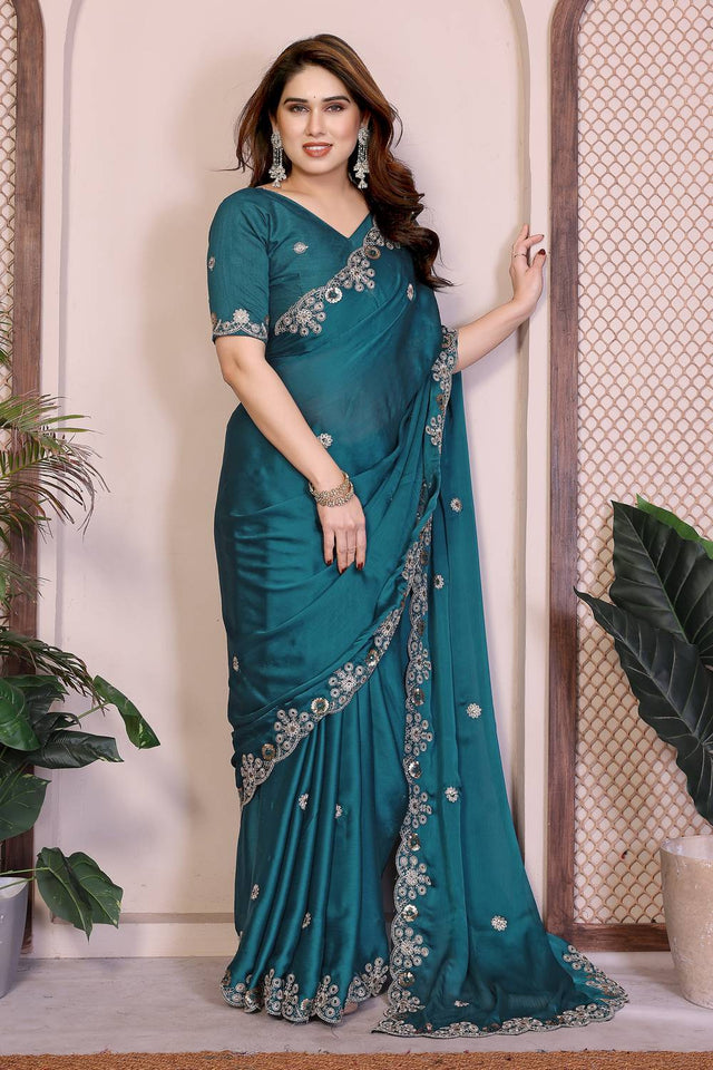 Turquoise Embroidered Satin Saree (ACA5948)