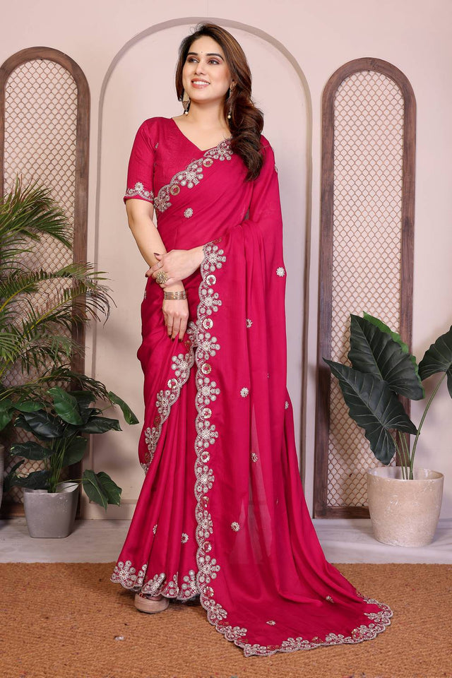 Pink Floral Embroidered Satin Saree (ACA5949)