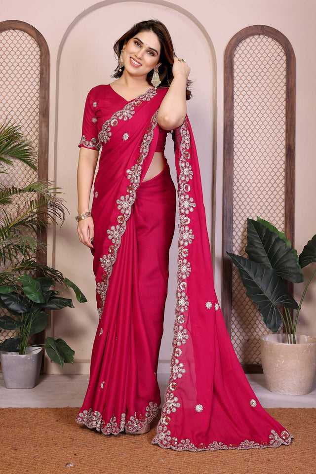 Pink Floral Embroidered Satin Saree (ACA5949)