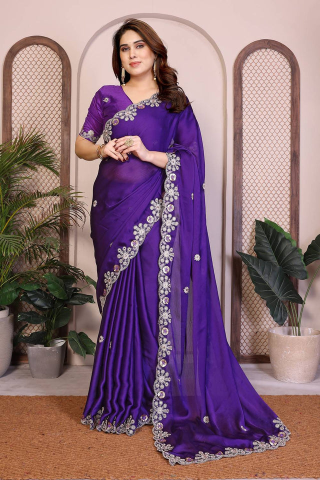 Violet Floral Embroidered Satin Saree (ACA5950)