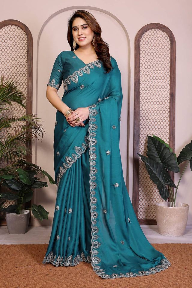 Turquoise Embroidered Satin Saree (ACA5951)