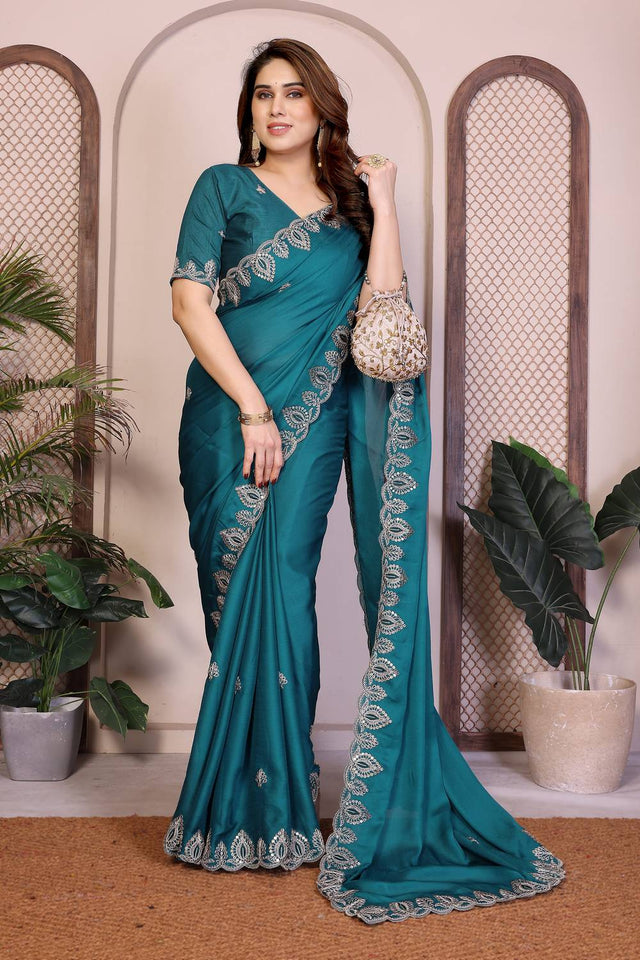 Turquoise Embroidered Satin Saree (ACA5951)