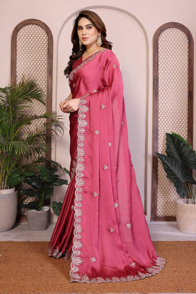 Pink Embroidered Satin Saree (ACA5952)