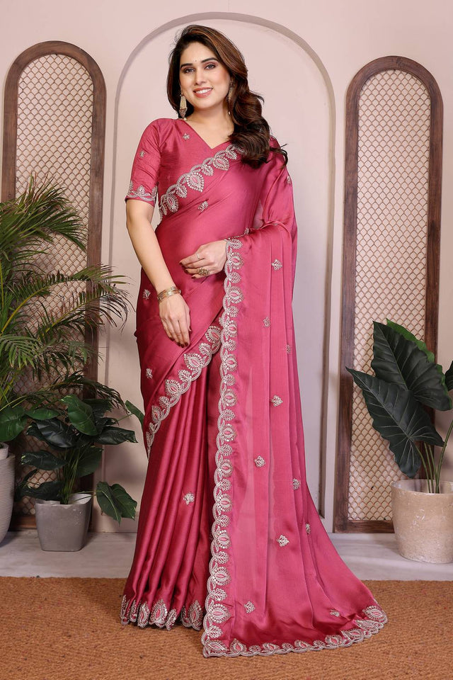 Pink Embroidered Satin Saree (ACA5952)